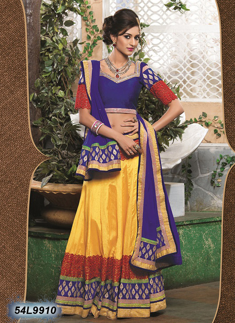 Yellow Blue Designer Lehenga Choli - Dailybuyys