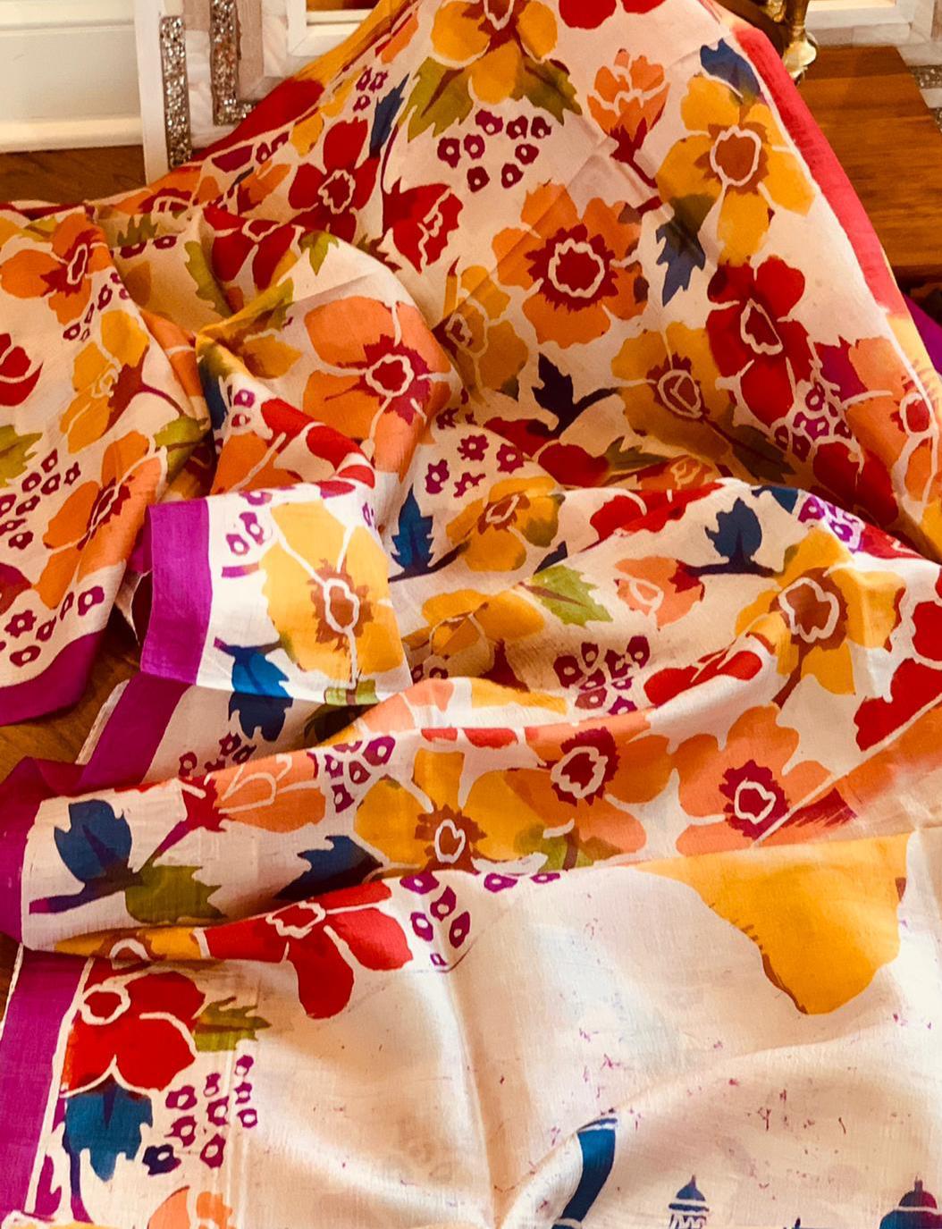 Multicoloured Floral Handpaint Silk Mark Certified Bishnupuri Silk Saree - Dailybuyys