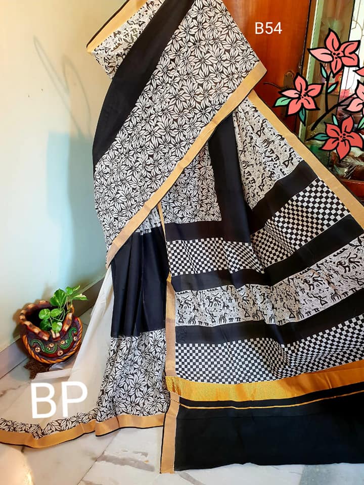 Black Beige Kerala Pure Cotton Sarees - Dailybuyys