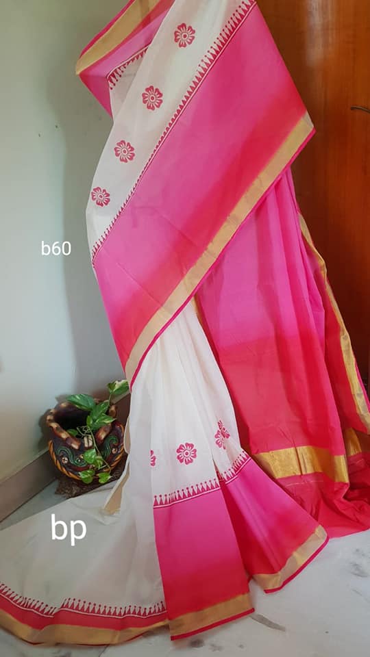 Beige Violet Kerala Pure Cotton Sarees - Dailybuyys