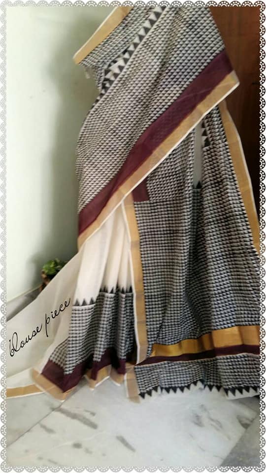 Beige Grey Kerala Pure Cotton Sarees - Dailybuyys