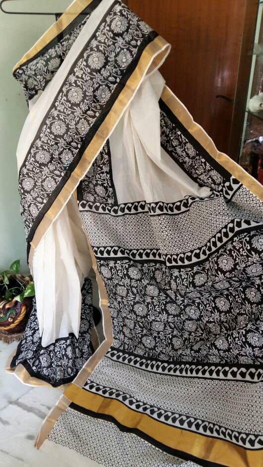 Beige Black Kerala Pure Cotton Sarees - Dailybuyys