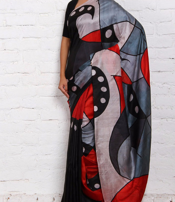 Black Red Pure Silk Mark Certified Murshidabad Silk Sarees - Dailybuyys