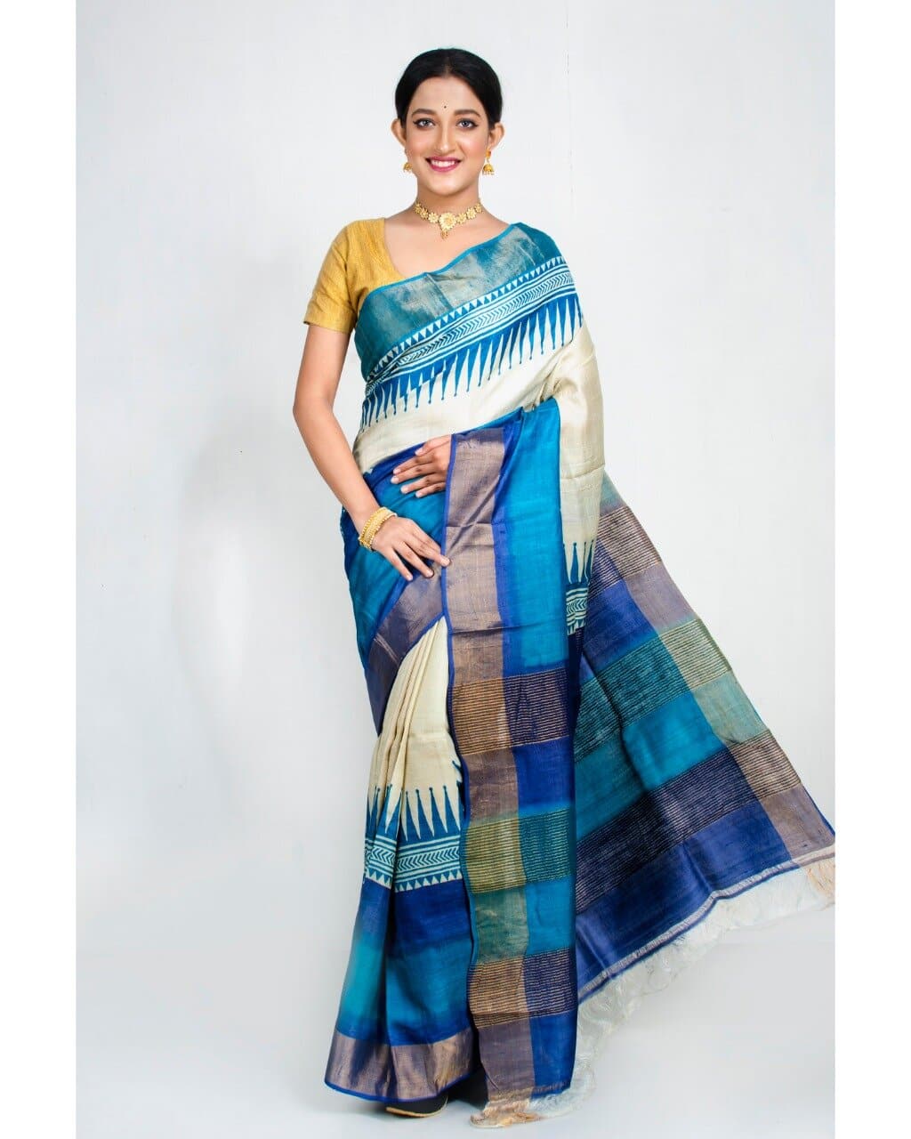 Blue Block Print Zari Border Pure Silk Mark Certified Tussar Silk Sarees - Dailybuyys