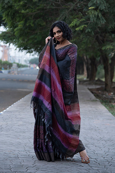 Black Block Printed Zari Border Pure Silk Mark Certified Tussar Silk Sarees - Dailybuyys