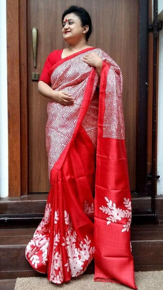 Red Wax Block Hand Painted Pure Silk Mark Certified Murshidabad Silk Sarees - Dailybuyys
