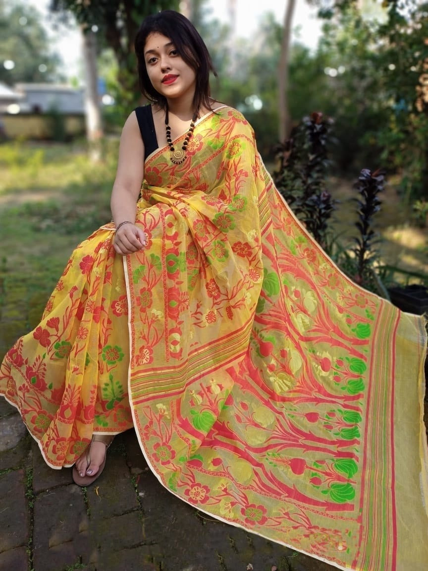 Yellow soft Dhakai Jamdani Saree - Dailybuyys