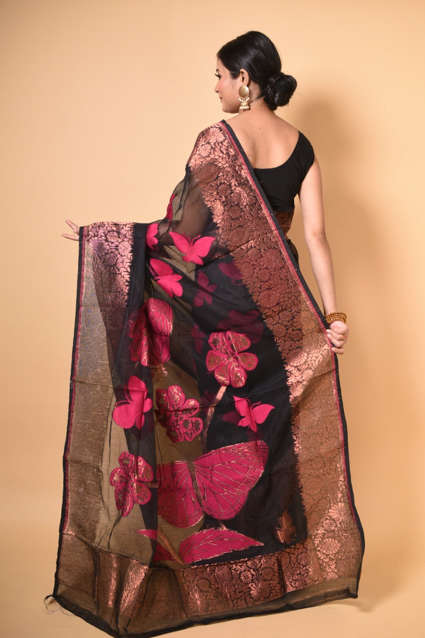 Black & Pink Butterfly Handloom Jamdani Saree - Dailybuyys