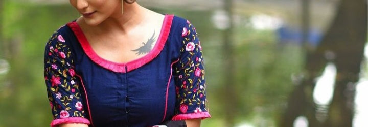Boat Neck Floral Embroidered Pleat Detailing Half Sleeve Blouses(Add To Cart 15% Off) - Dailybuyys