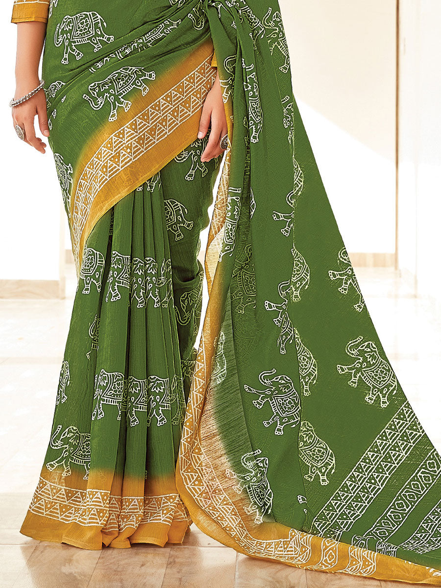 Green Mulmul Pure Cotton Sarees - Dailybuyys