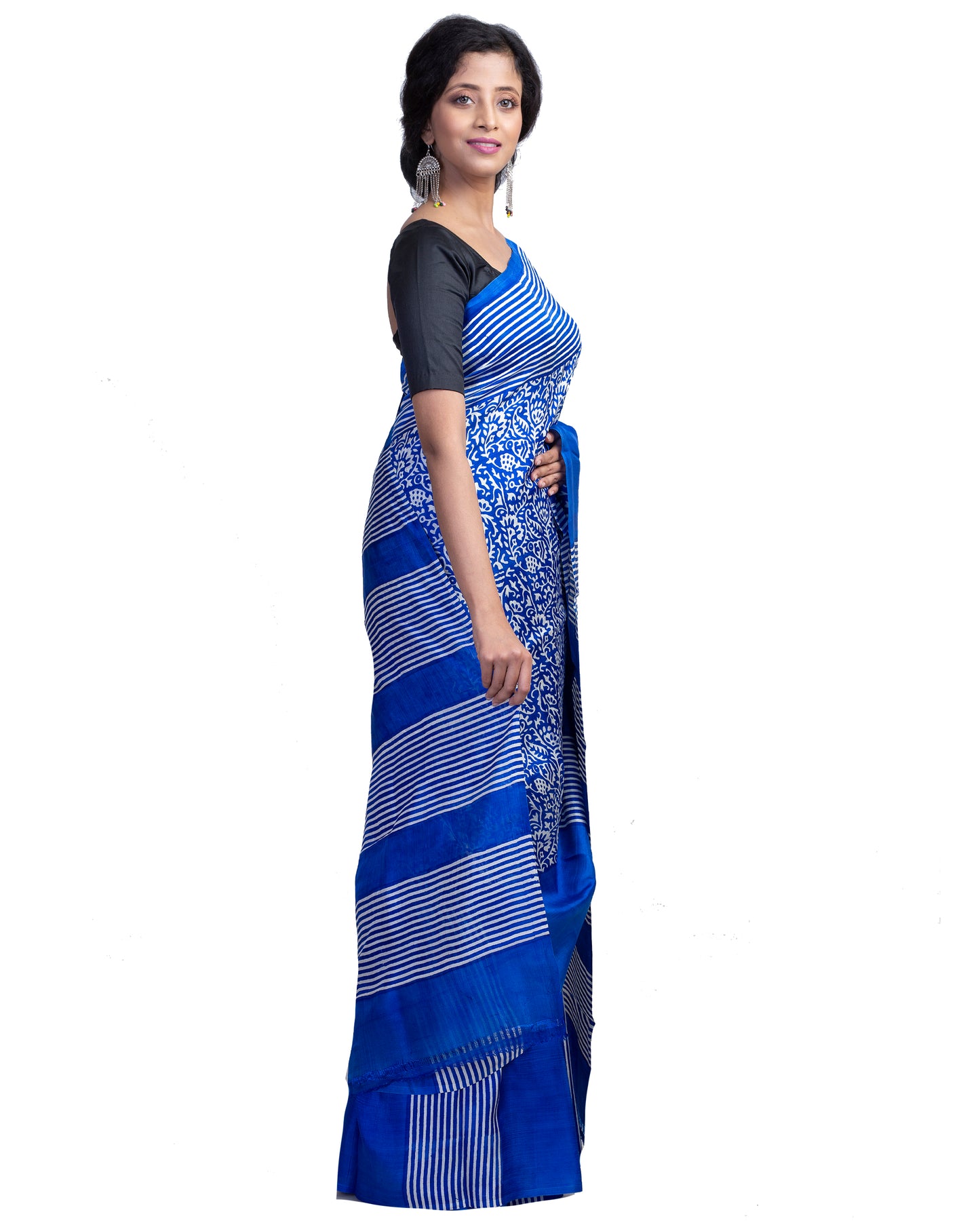 Blue Block Printed Pure Silk Mark Certified Bishnupuri Silk Sarees - Dailybuyys