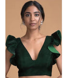 Green V Neck Flounce Sleeve Blouses(Add to Cart 15% Off)