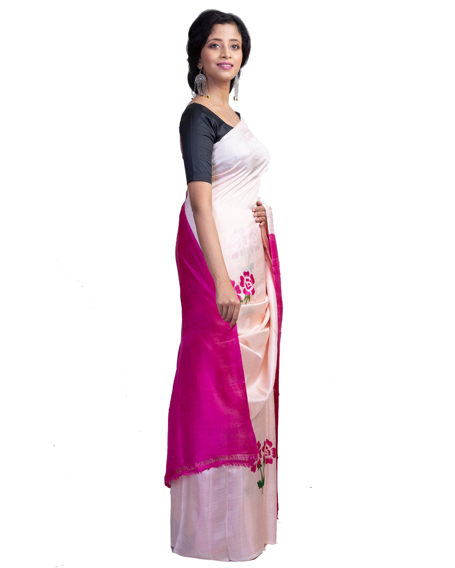 Beige Pink Block Printed Pure Silk Mark Certified Bishnupuri Silk Sarees - Dailybuyys