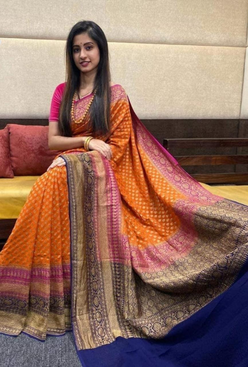Traditional Orrange Georgette Banarasi Saree - Dailybuyys