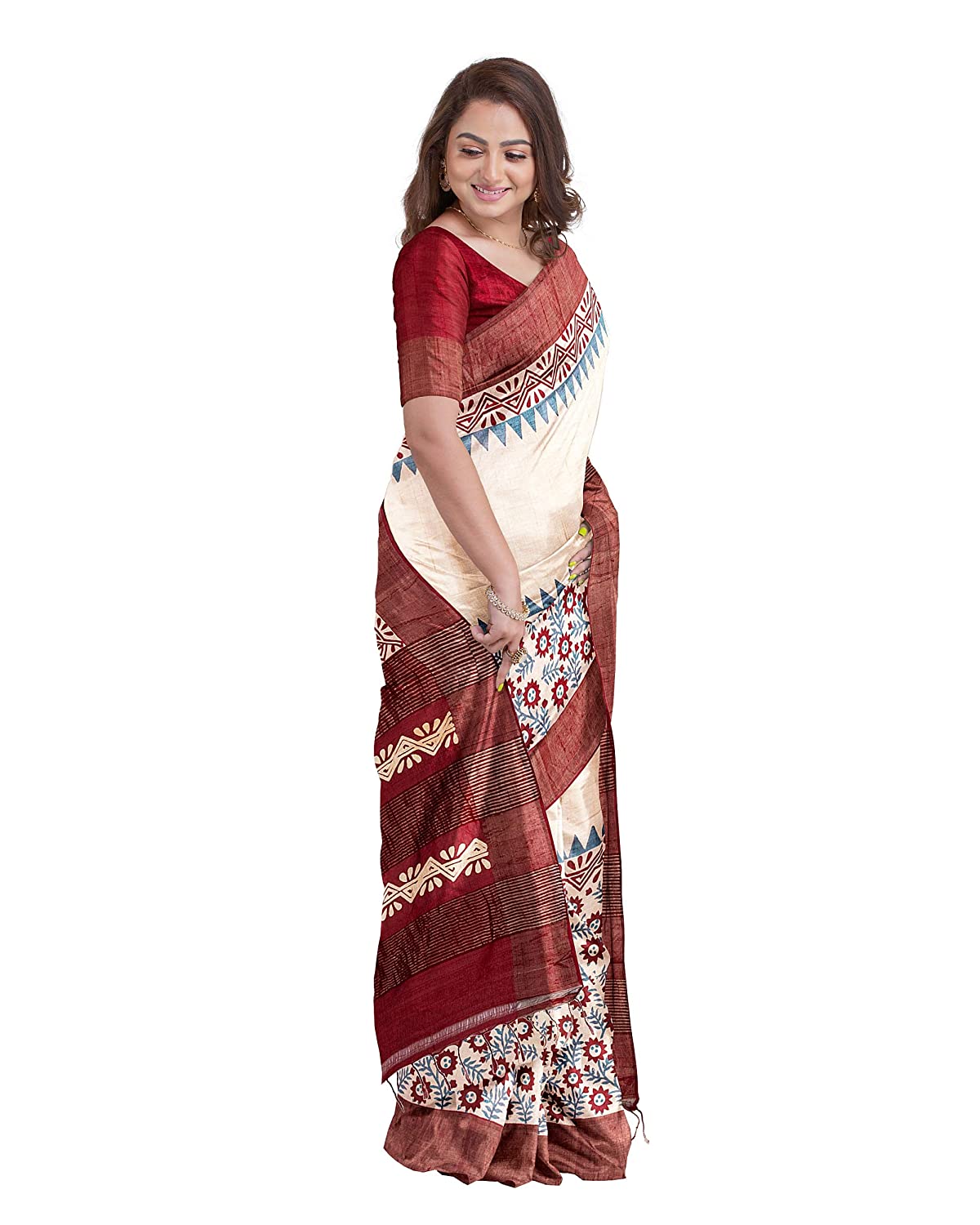 Red Beautiful Block Print Zari Border Pure Silk Mark Certified Tussar Silk Sarees - Dailybuyys
