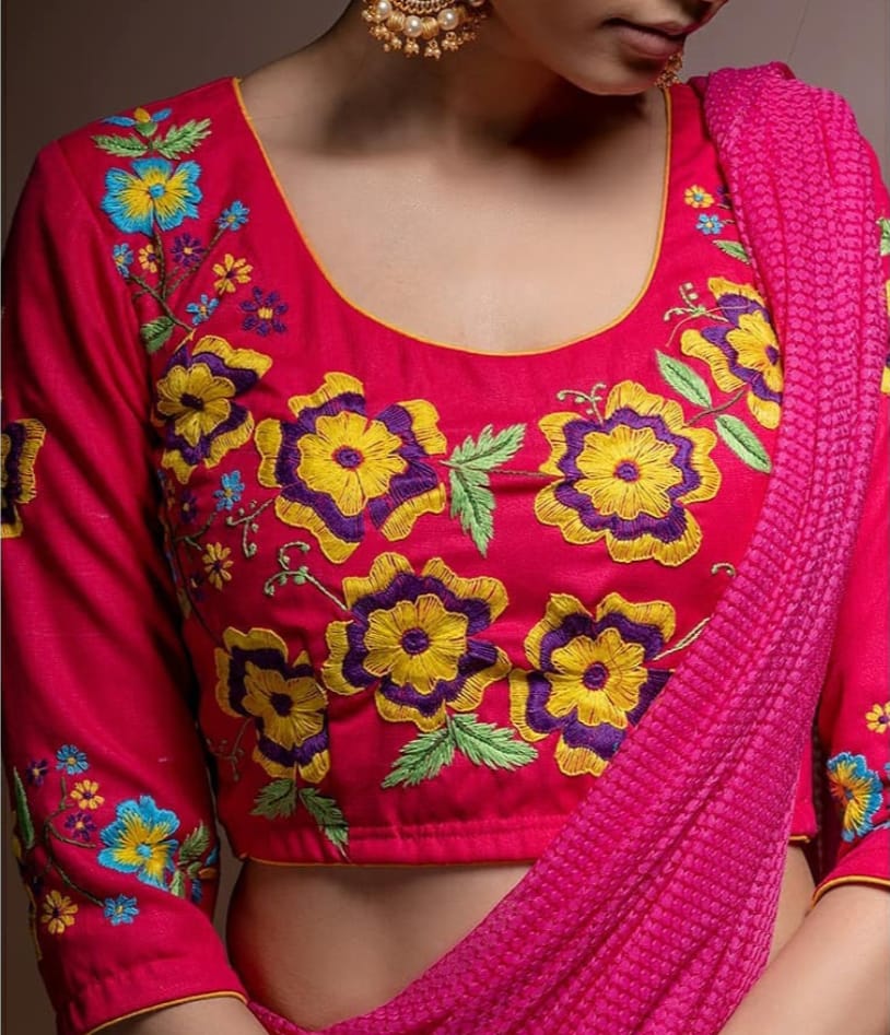 Hot Pink Floral Embroidery Blouses - Dailybuyys
