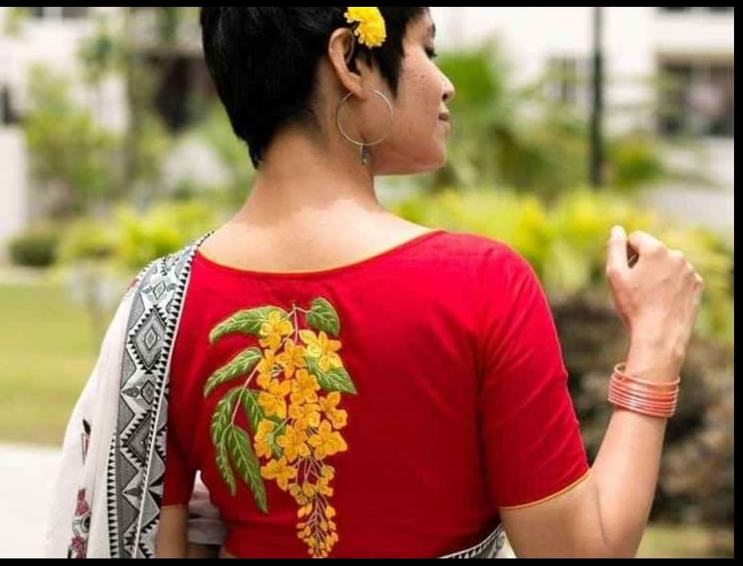 Floral Motif Embroidered Boat Neck Tied detailing Blouses(Add To Cart 15% Off) - Dailybuyys