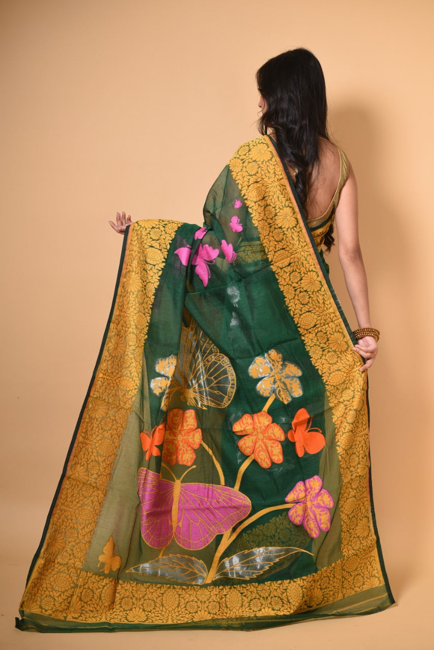 Green & Yellow Butterfly Handloom Jamdani Saree - Dailybuyys