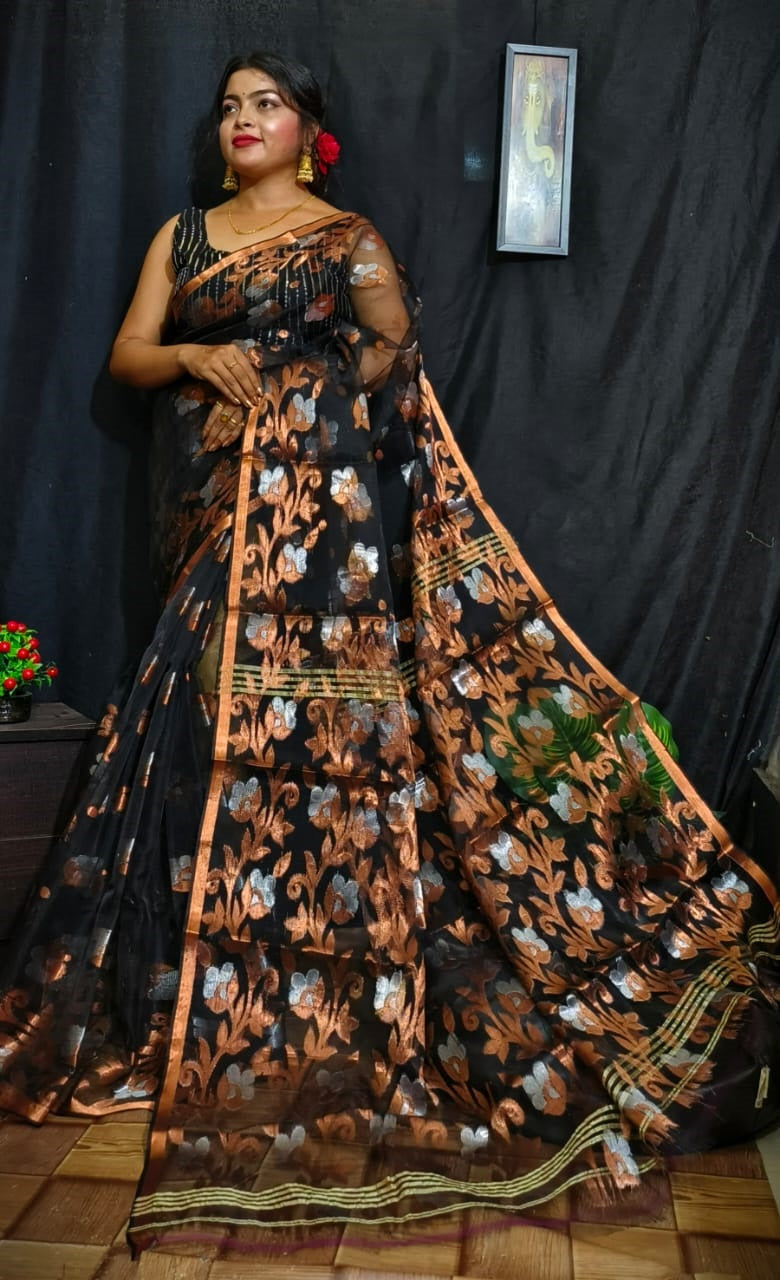 Black with copper zari detail work soft Dhakai Jamdani Sarees - Dailybuyys