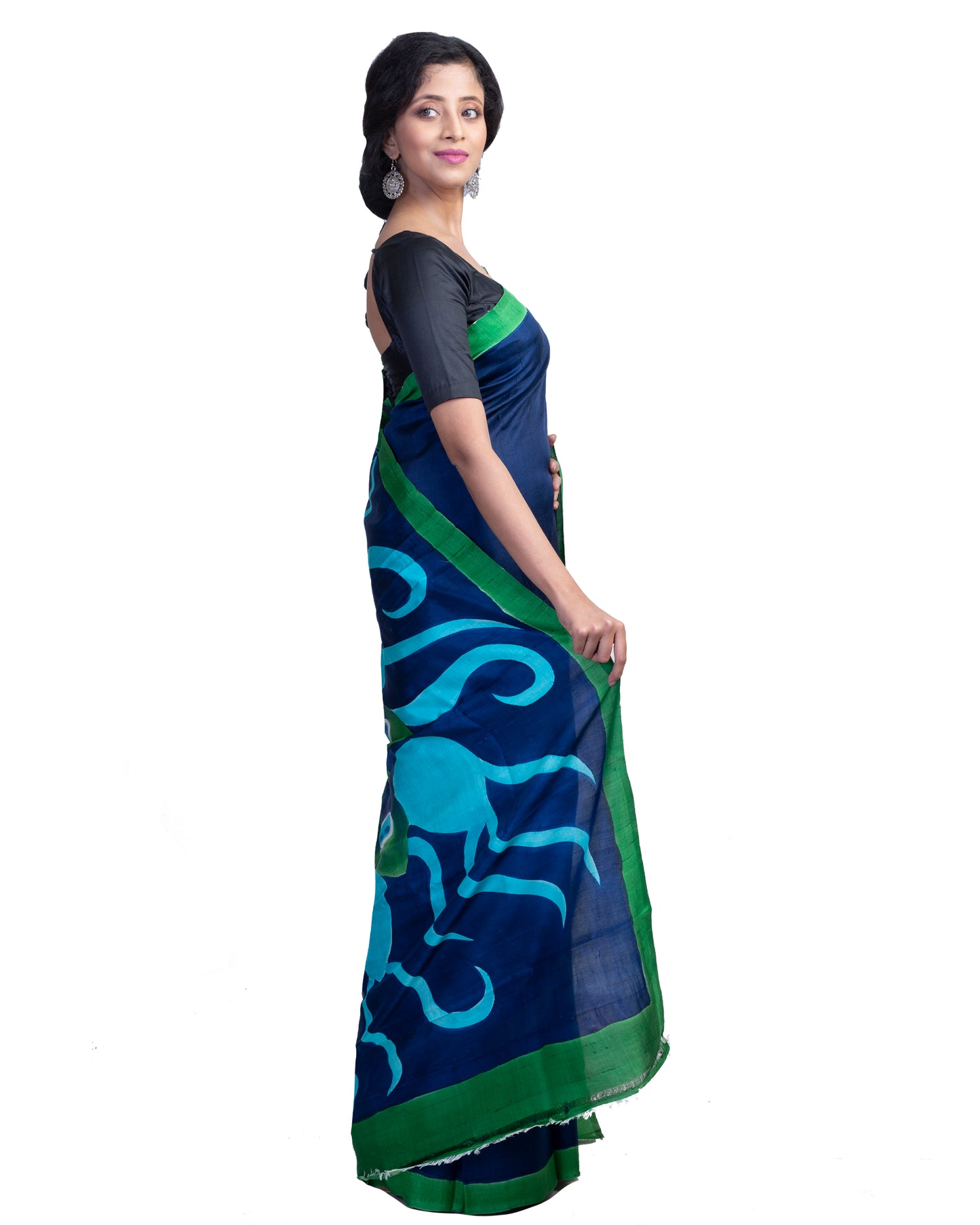 Blue Hand Printed Pure Silk Mark Certified Bishnupuri Silk Sarees - Dailybuyys