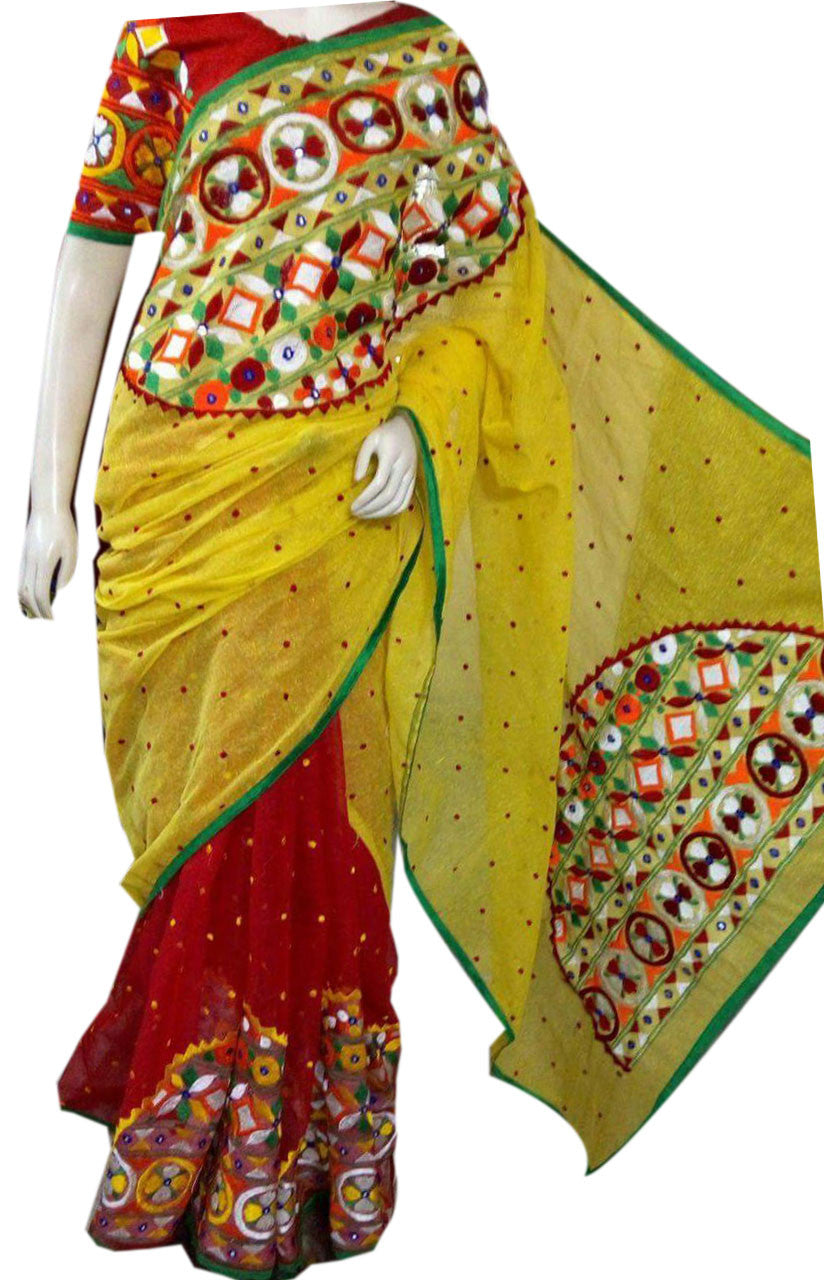 Yellow & Red Design Bangladeshi Pure Cotton Kathiawari Sarees - Dailybuyys