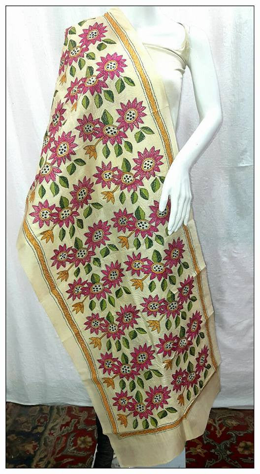 Handpicked Off White & Light Magenta Pure Silk Mark Certified Tussar Kantha Stitch Stoles - Dailybuyys