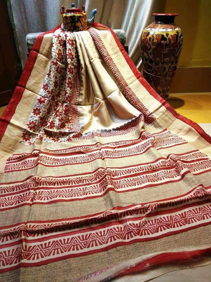 Red Floral Beauty Block Printed Zari Border Pure Silk Mark Certified Tussar Silk Sarees - Dailybuyys