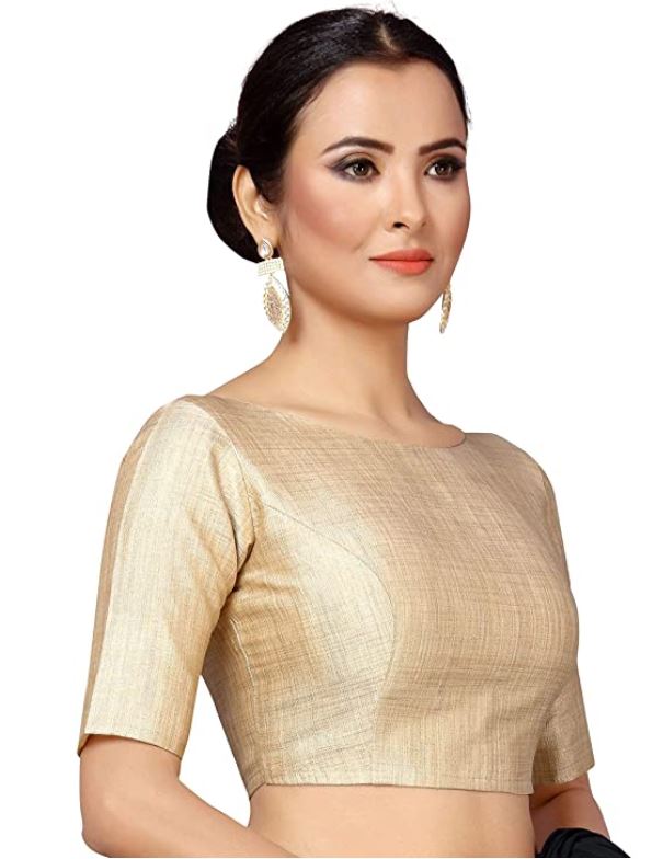 Beige Boat Neck Pure Silk Mark Certified Tussar Silk Blouses - Dailybuyys