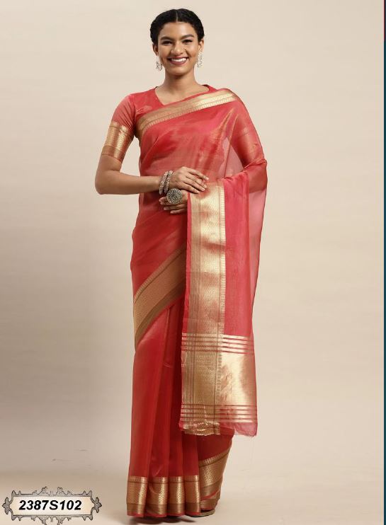Brick Red zari Organza Saree - Dailybuyys