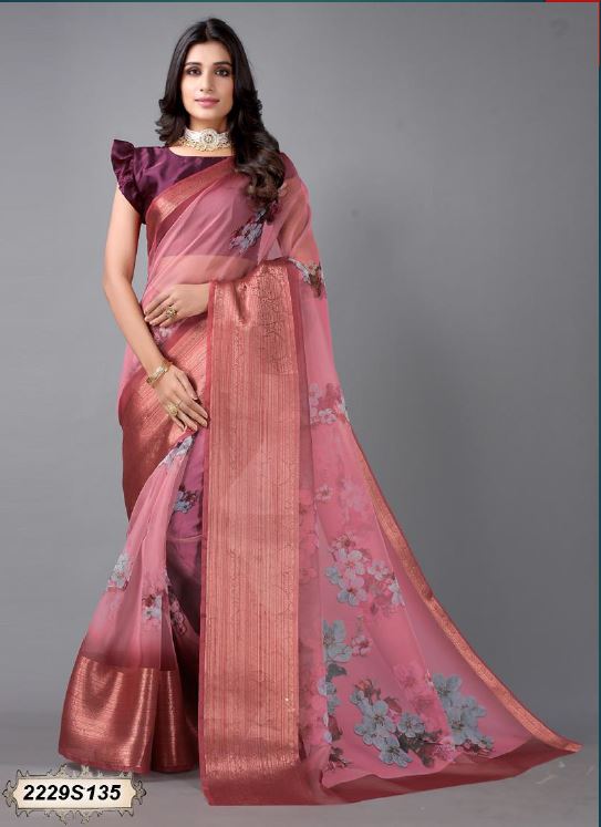 Peach - Pink Floral Organza Saree - Dailybuyys