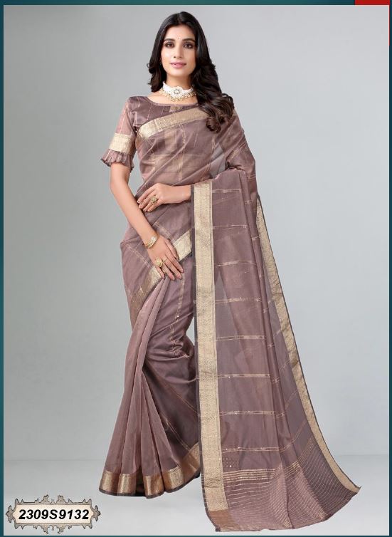 Light Brown stripped Organza saree - Dailybuyys