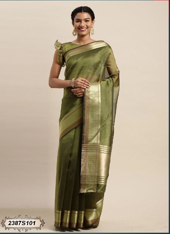 Olive Green Organza Saree. - Dailybuyys