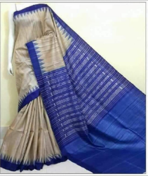 Beige Royal Blue Sambalpuri Pure Silk Mark Certified Tussar Ghicha Silk Sarees - Dailybuyys