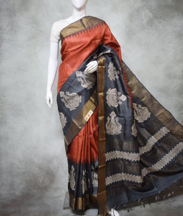Grey Orange Block Printed Zari Border Pure Silk Mark Certified Tussar Silk Sarees - Dailybuyys