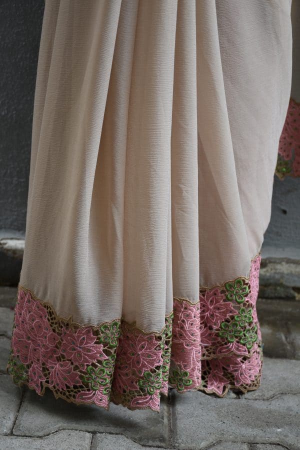 Beige Pink Cut Work Pure Silk Mark Certified Tussar Silk Sarees - Dailybuyys