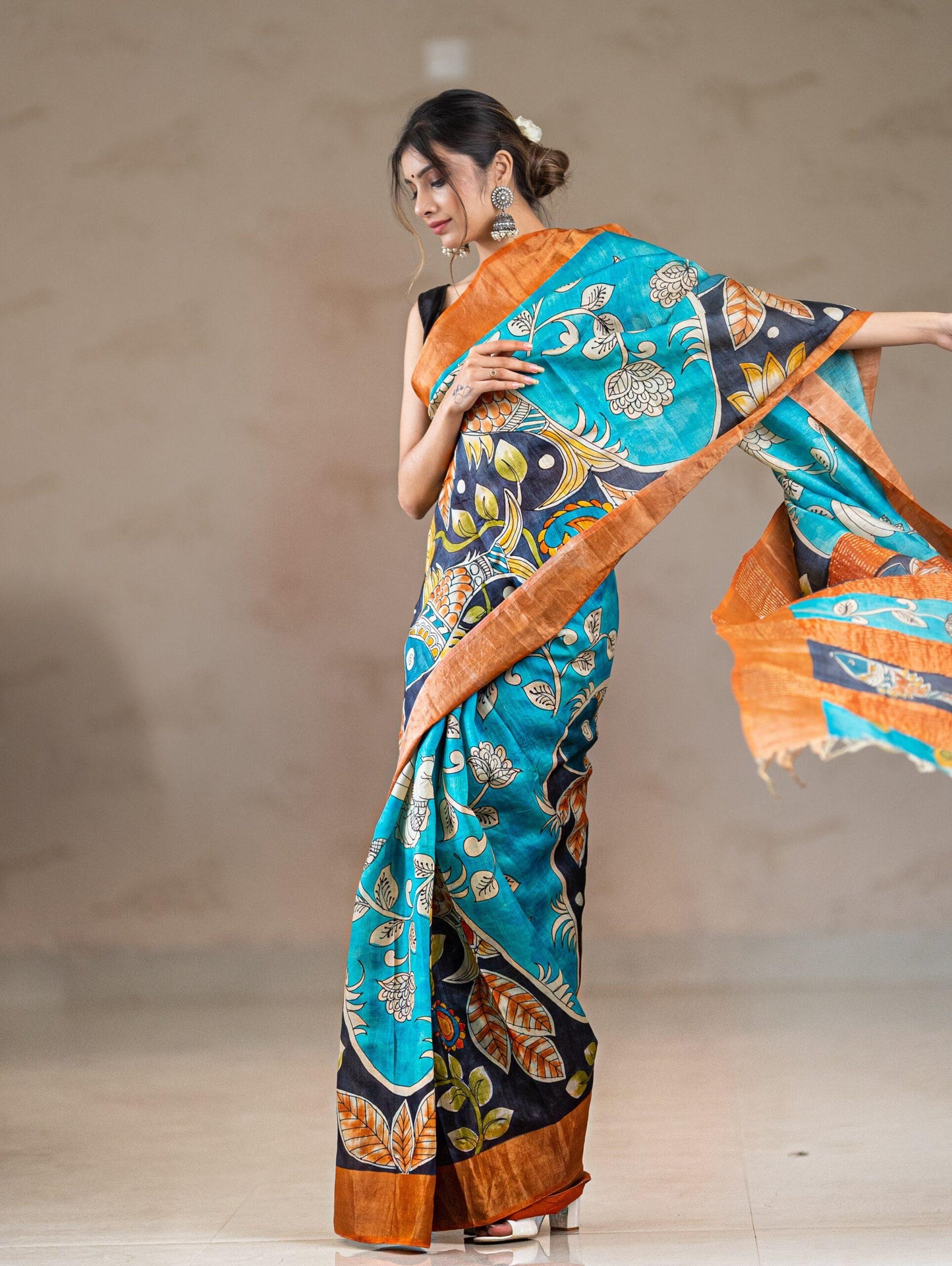 Blue Multi Color Hand Painted Pure Zari Silk Mark Certified Tussar Silk Sarees - Dailybuyys