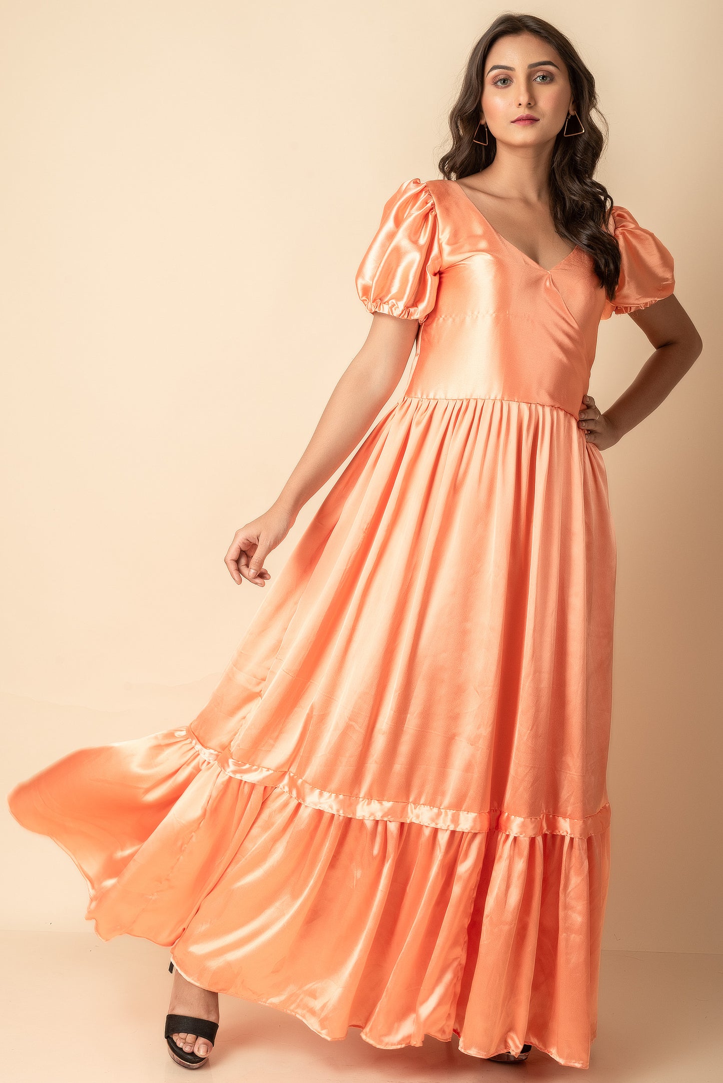 Peach Satin Maxi Indo Western wear dress - Dailybuyys
