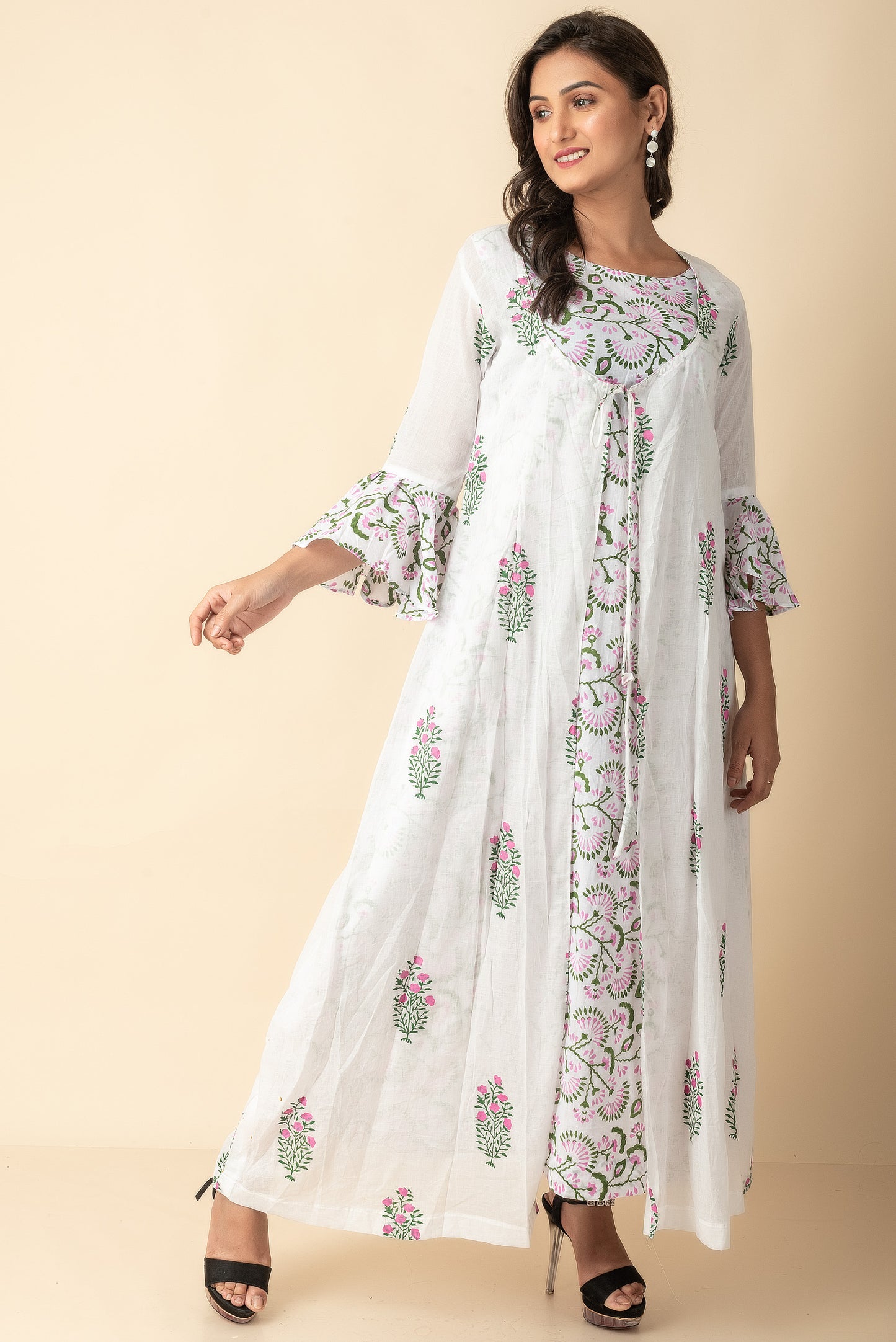 White floral Hand block printd kurtis dress with jacketRed Imported Long Indo Western Kurtis Wear - Dailybuyys