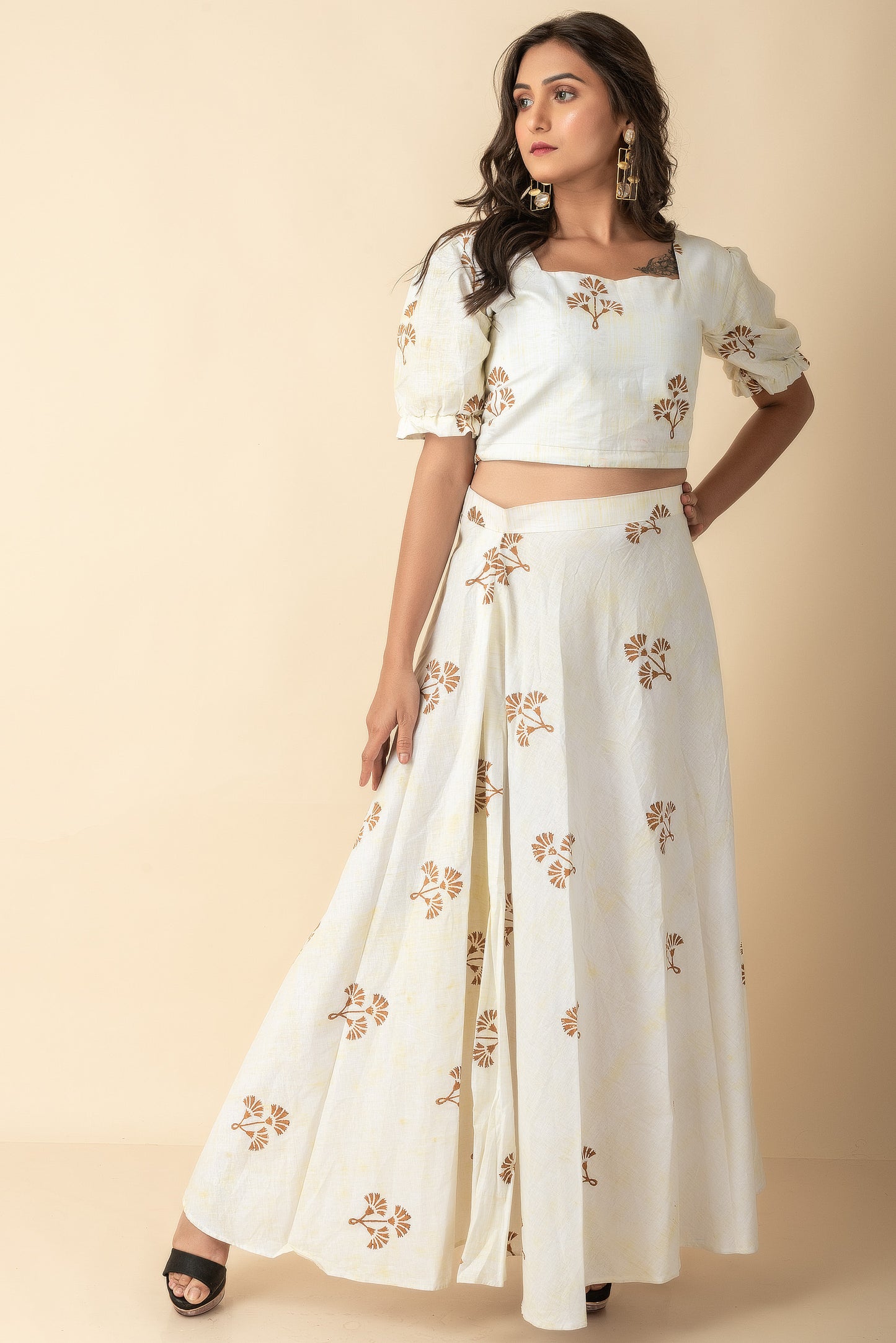Pale Yellow Hand Block Printed Indo Western wear Co-ord set dress set - Dailybuyys