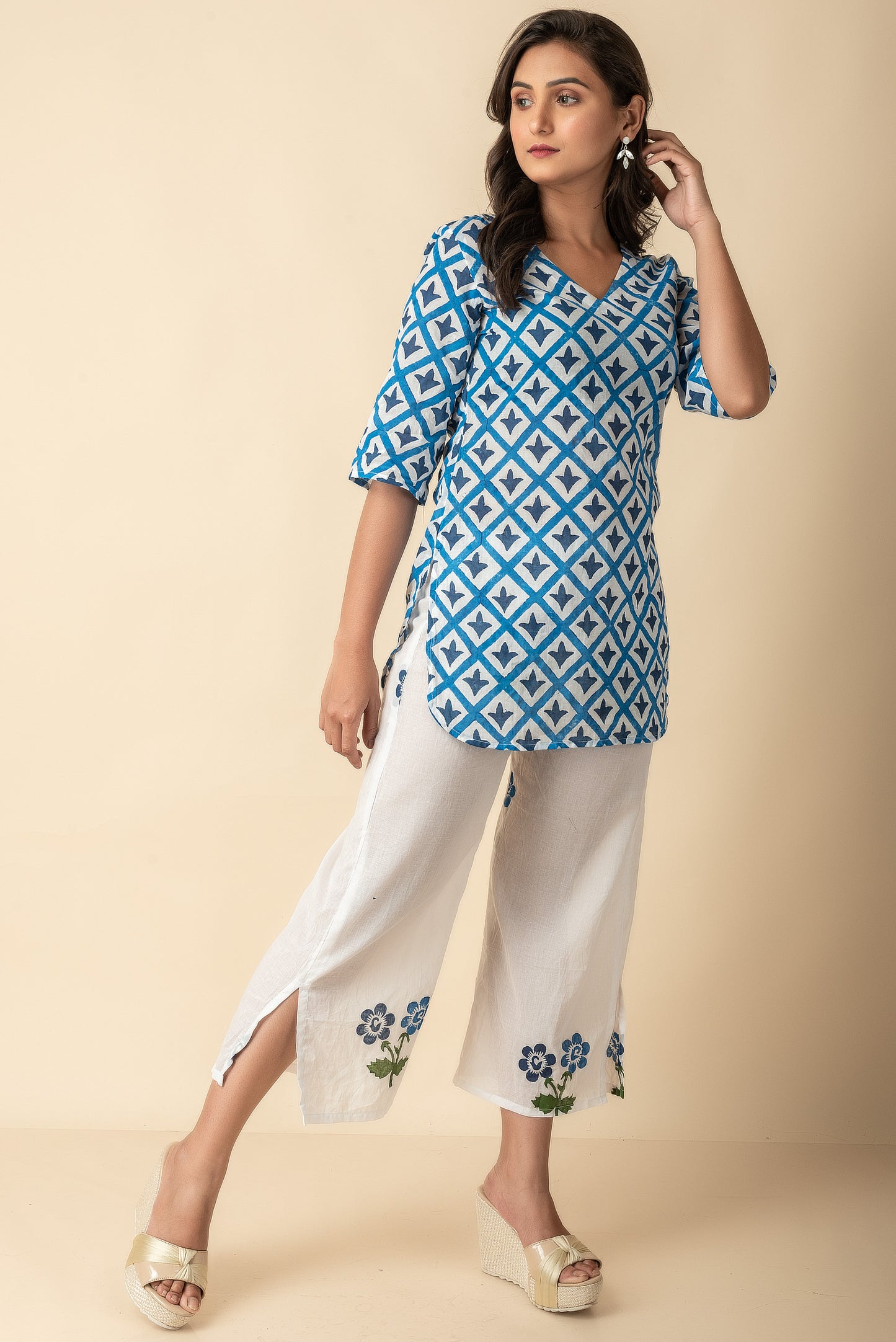 White and Blue Floral Hand Block Printed Kurtis Set Red Imported Long Indo Western Kurtis Wear - Dailybuyys