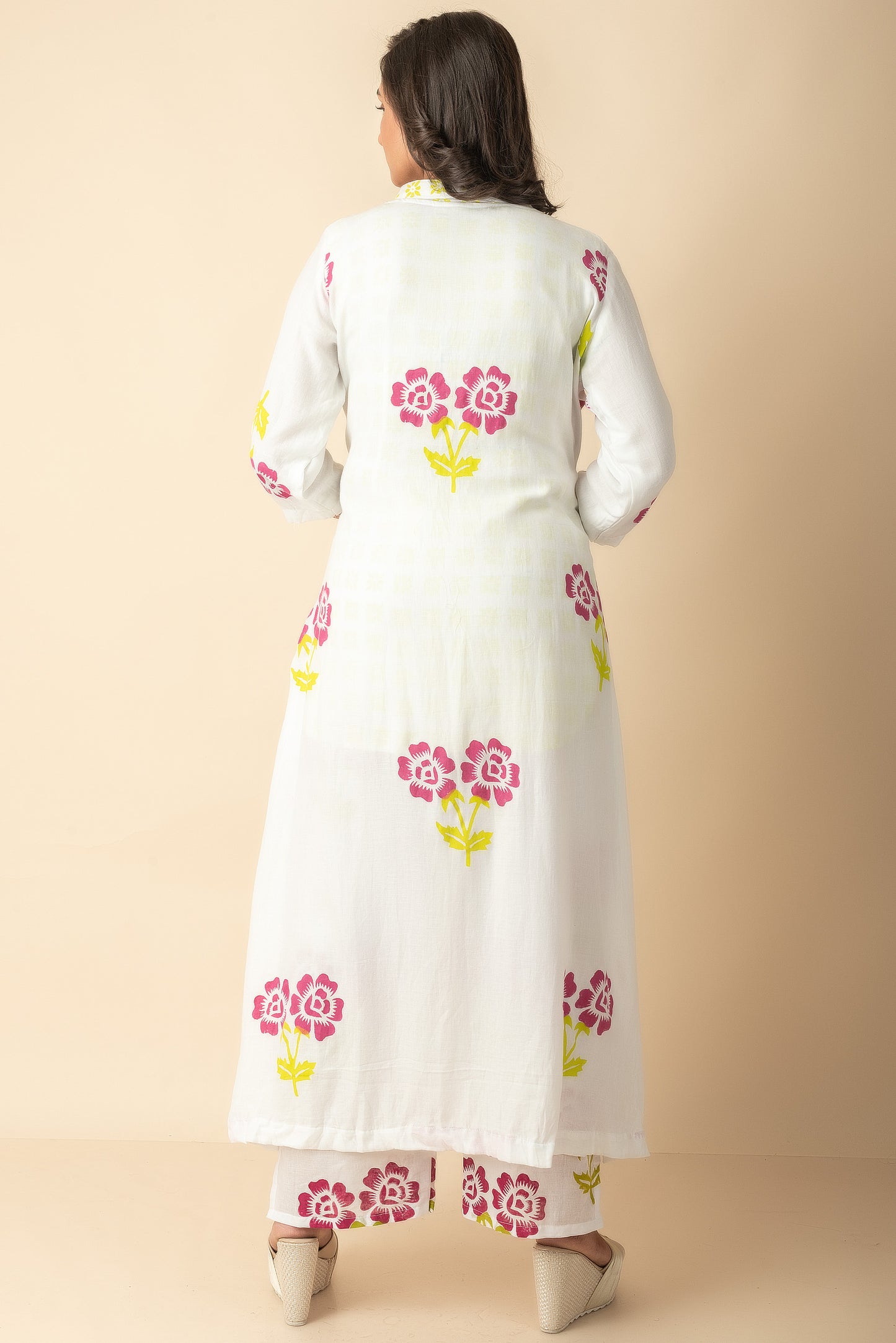 White with Lime yellow and pink floral Hand Block printed Kurtis set with jacket Red Imported Long Indo Western Kurtis Wear - Dailybuyys