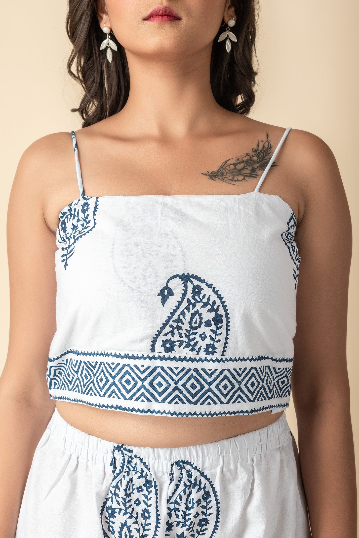 White and blue Hand block printed Red Imported Long Indo Western Kurtis wear co-ord dress set - Dailybuyys