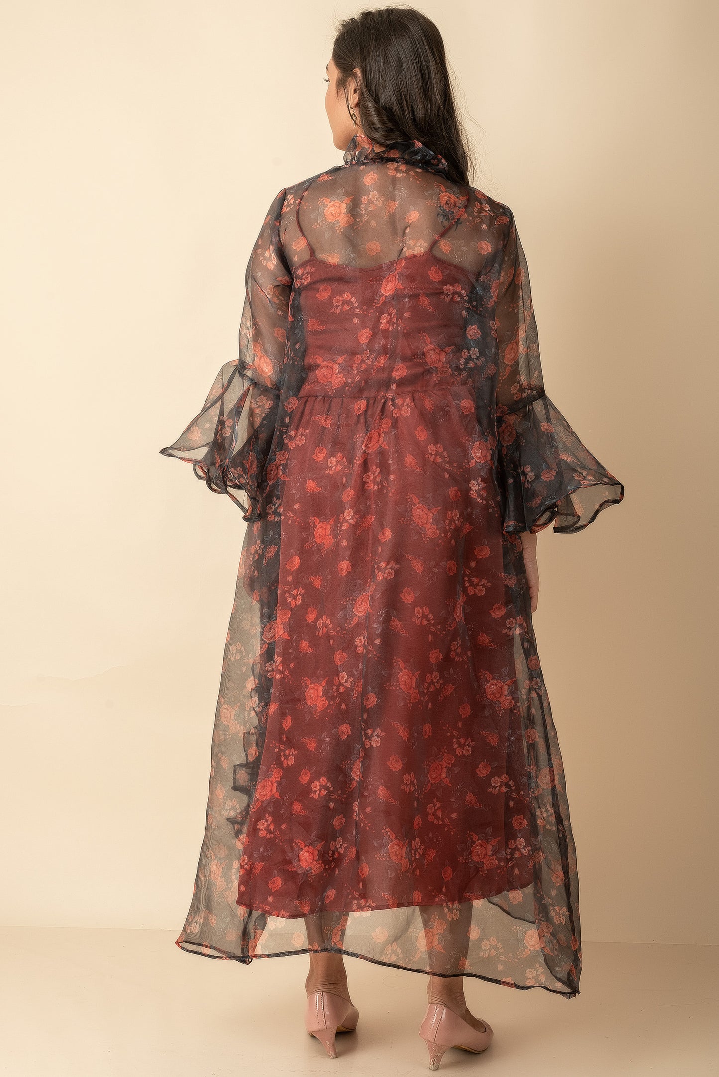 Rust Silk dress with organza digital printed Red Imported Long Indo Western Kurtis wear jacket dress set - Dailybuyys