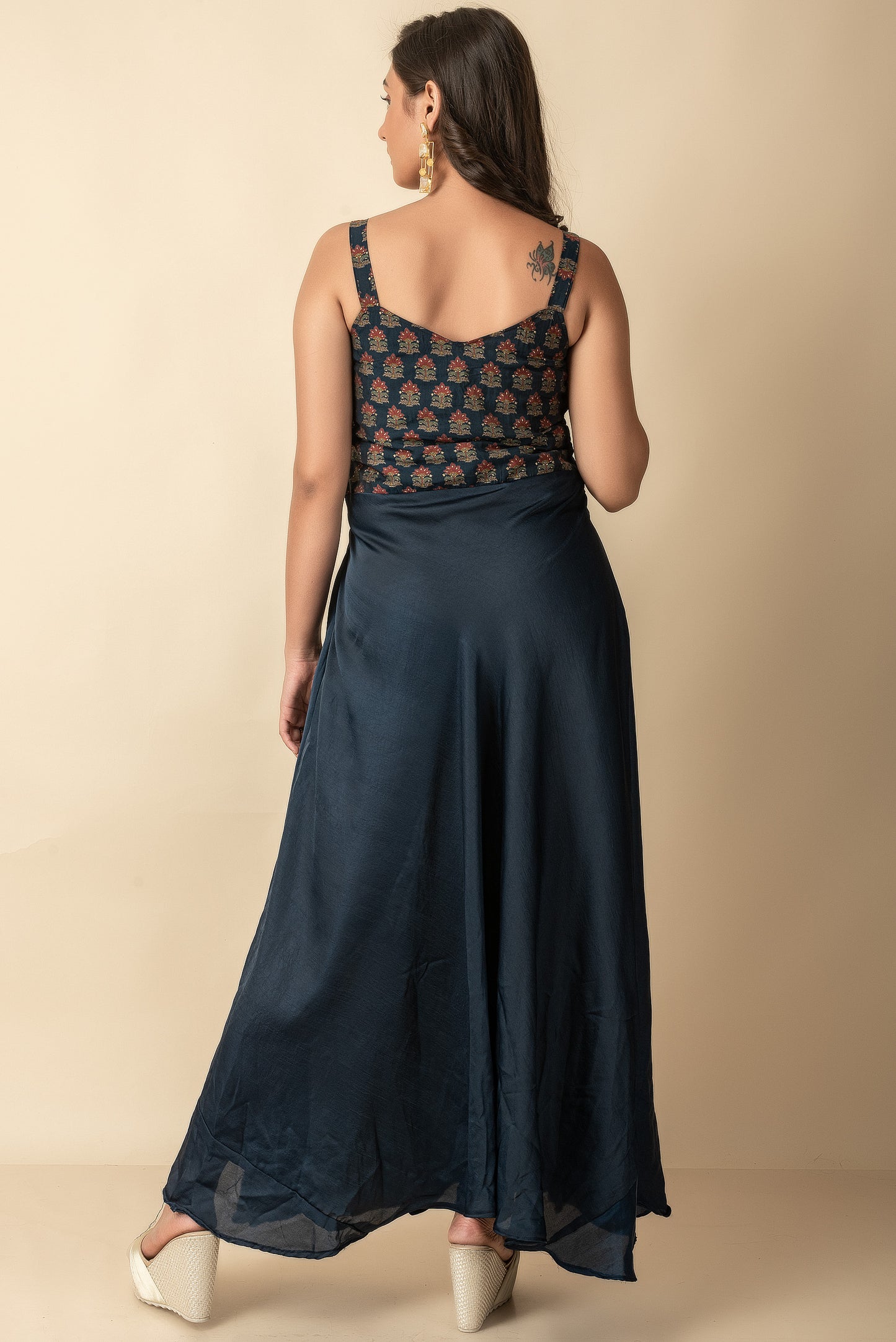 Navy Blue Silk Maxi Indo Western Wear Dress - Dailybuyys