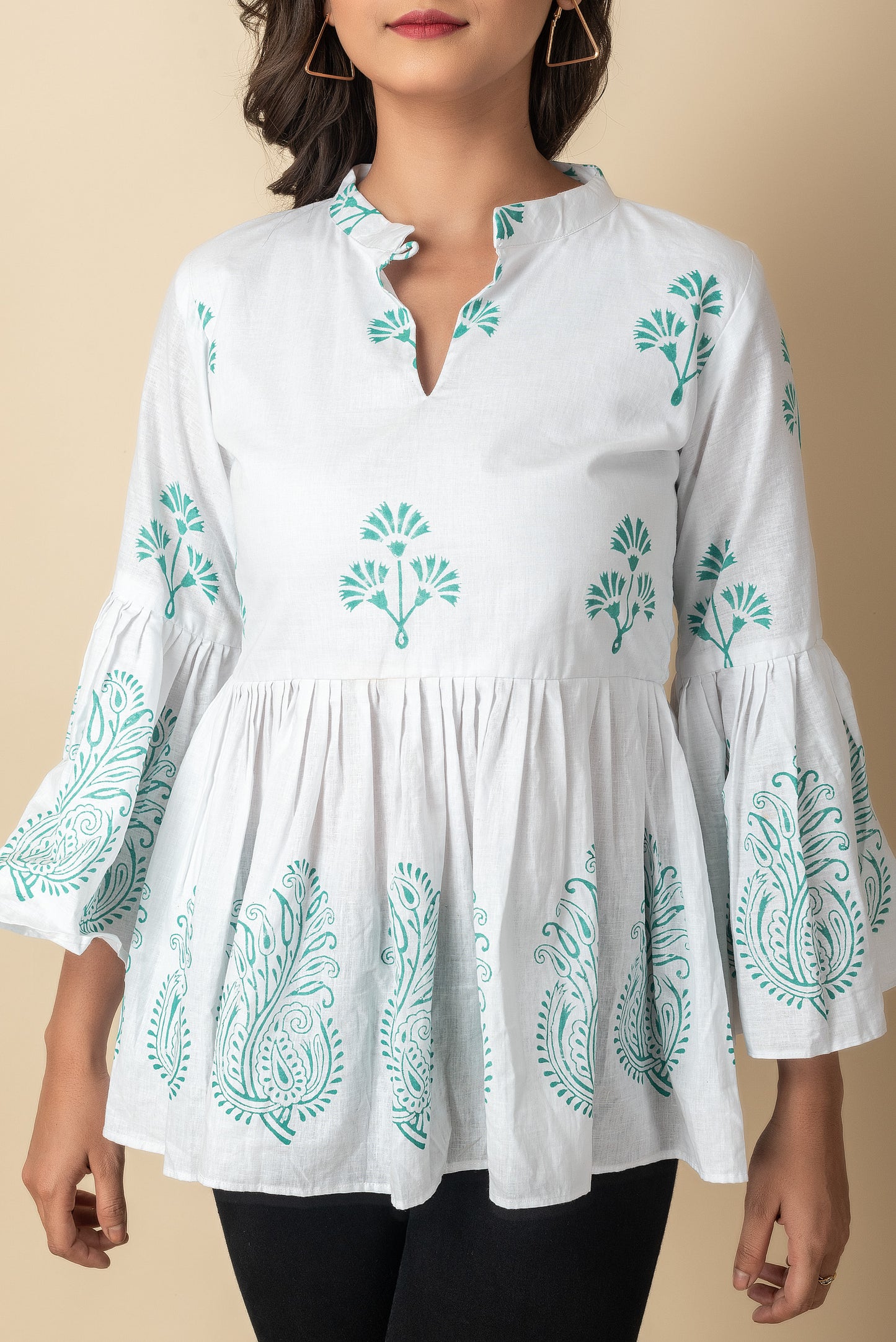 White Cotton hand block printed Red Imported Long Indo Western Kurtis wear peasant to dress set - Dailybuyys