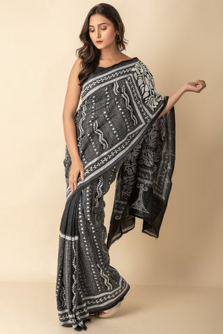 Black and White  Kantha Stitch Silk Saree