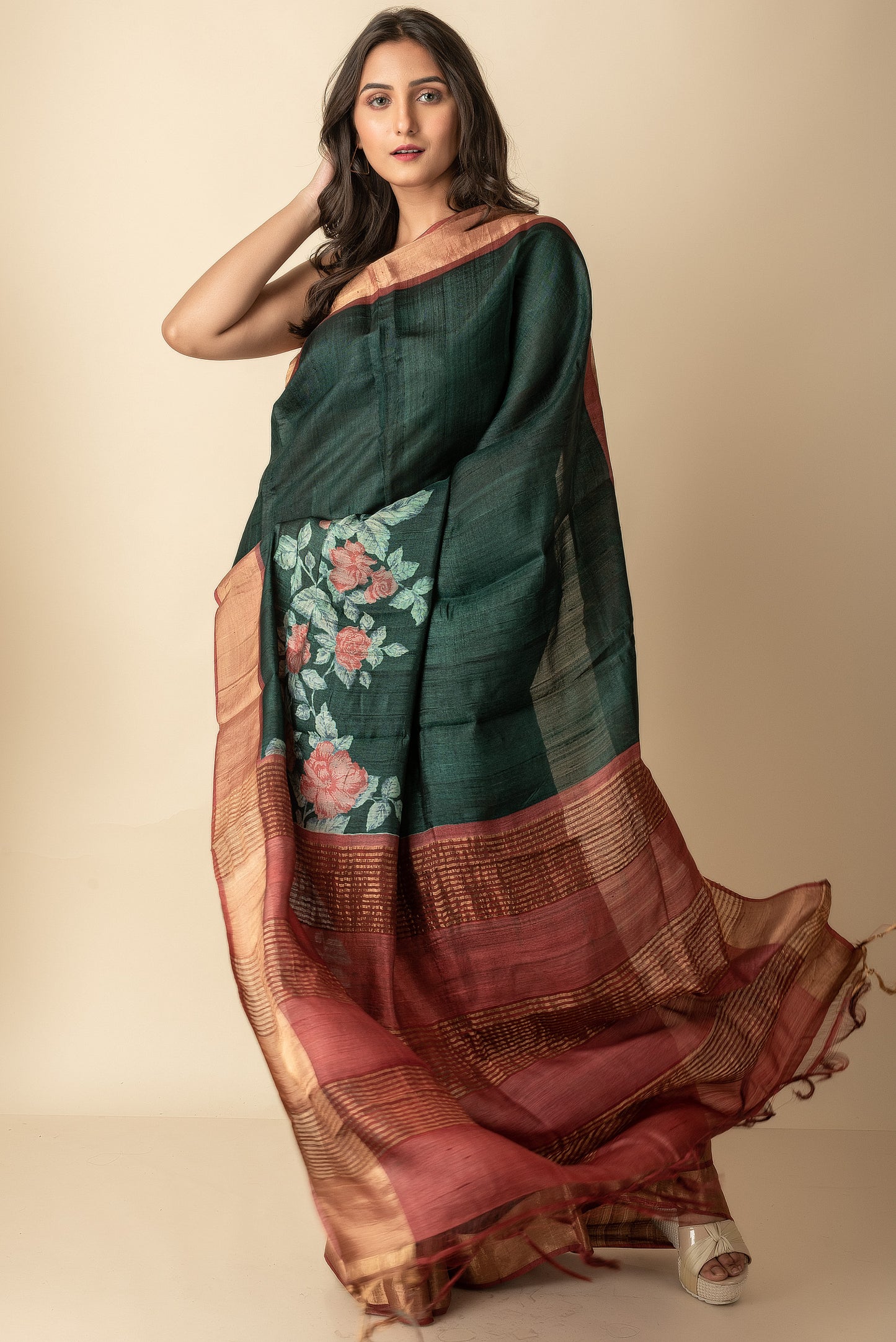 Green Brick Rose Hand Painted Zari Border Pure Silk Mark Certified Tussar Silk Sarees - Dailybuyys