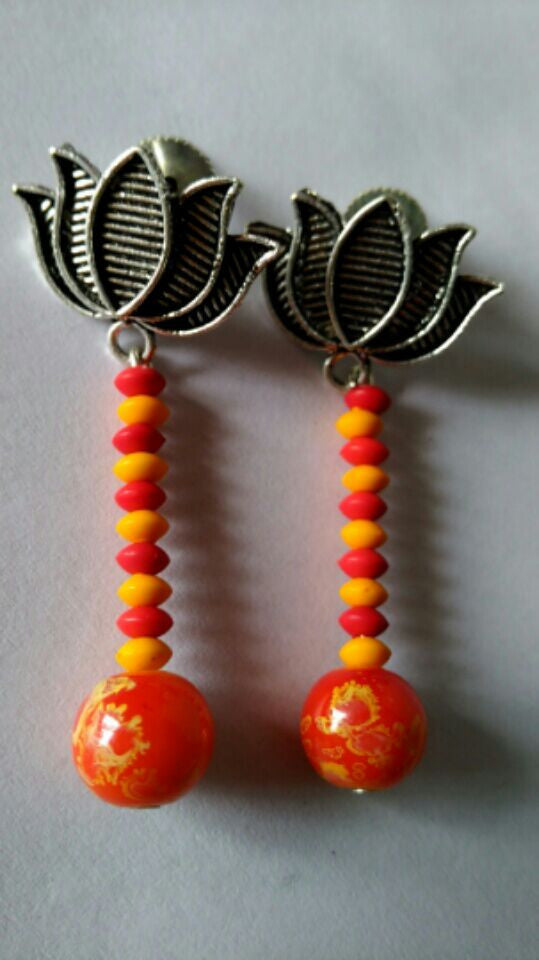 Orange Red Yellow Acrylic Bead & German Silver Combo Earrings - Dailybuyys
