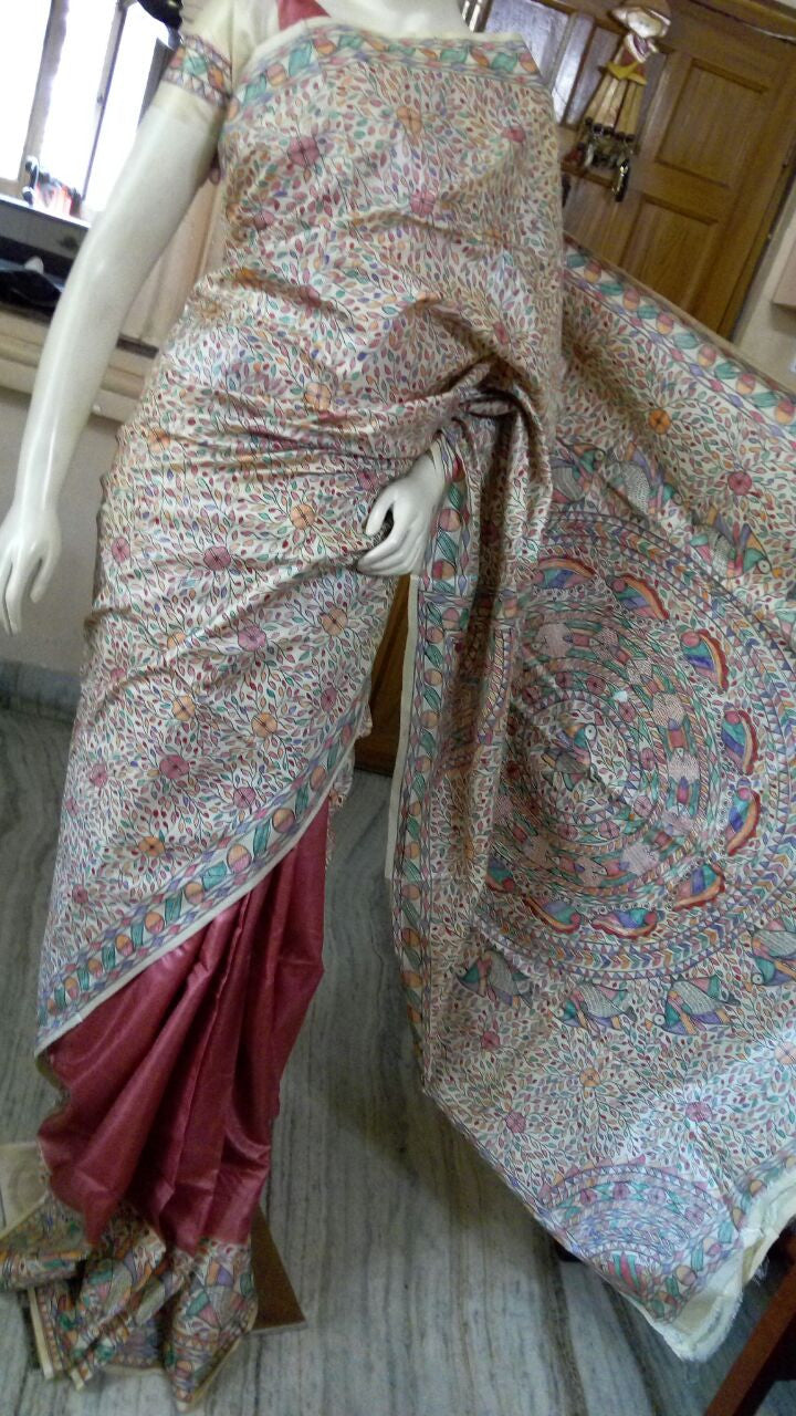 Maroon Pure Silk Mark Certified Tussar Silk Madhubani Sarees - Dailybuyys