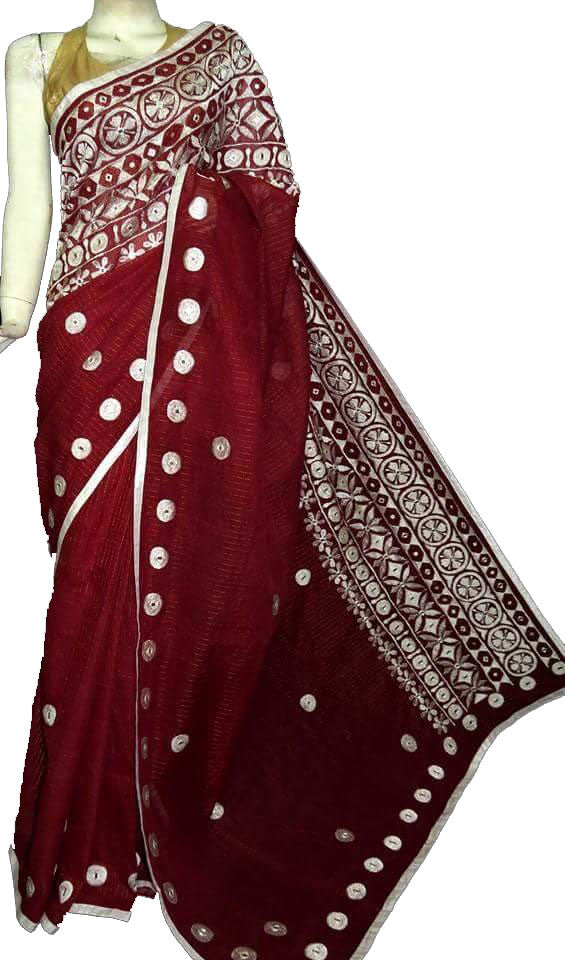 Maroon Design Bangladeshi Pure Cotton Kathiawari Sarees - Dailybuyys